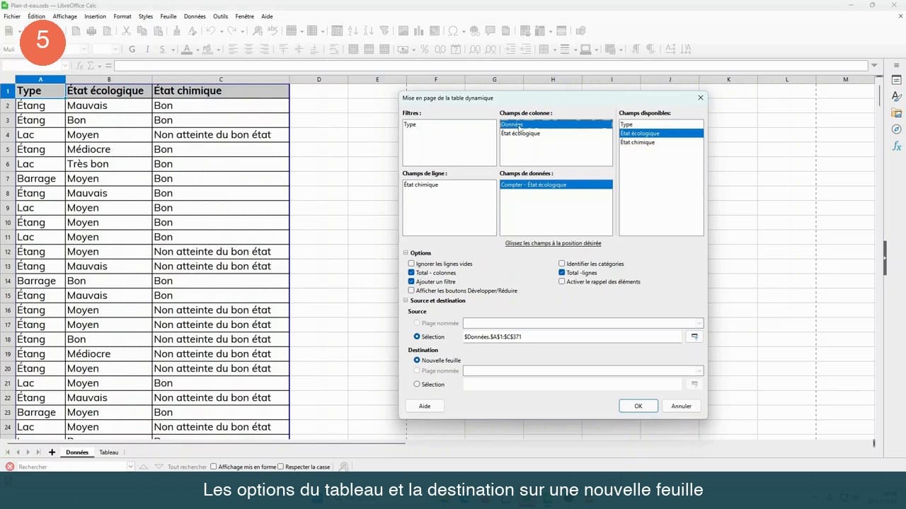 Sections Options et Source et destination déployées, avec la destination réglée sur Nouvelle feuille