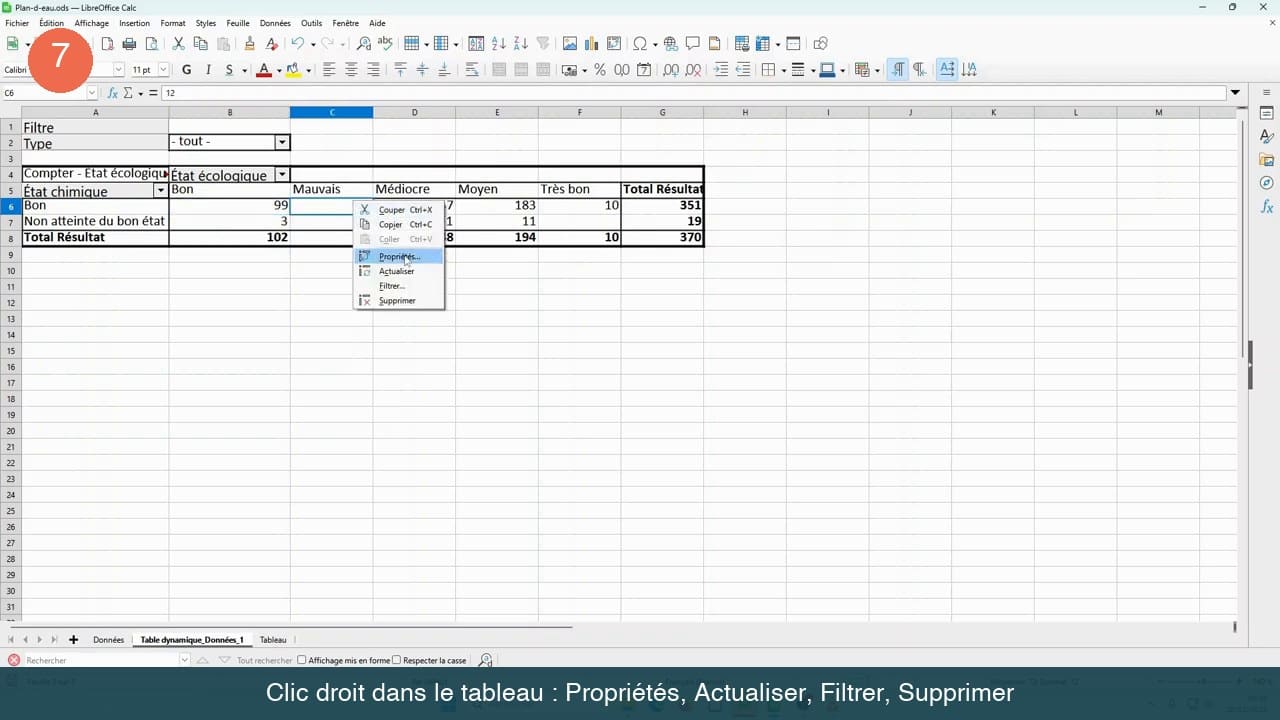 Menu contextuel affiché par un clic droit dans le tableau croisé, avec les commandes Propriétés, Actualiser, Filtrer et Supprimer