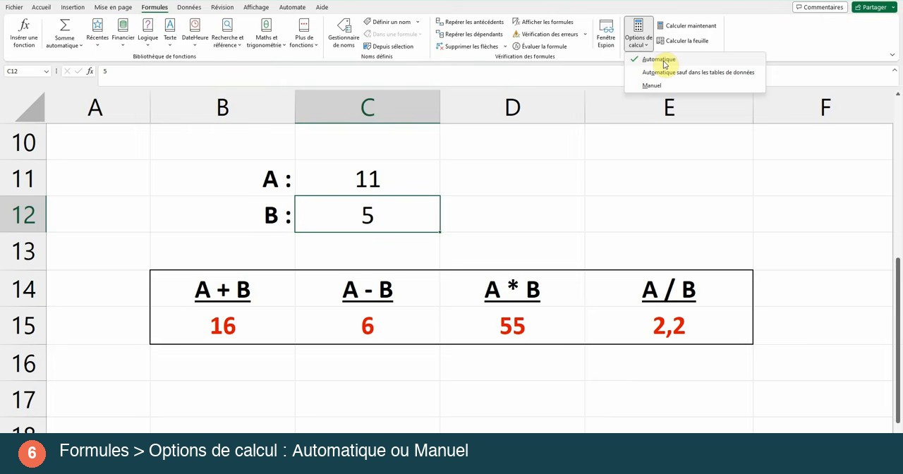 Menu Options de calcul ouvert dans l onglet Formules d Excel avec les choix Automatique et Manuel