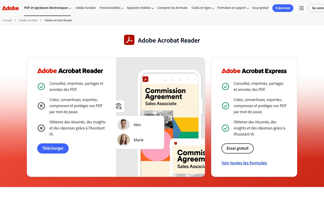 Page de l’offre sur le site d’Adobe Acrobat Reader
