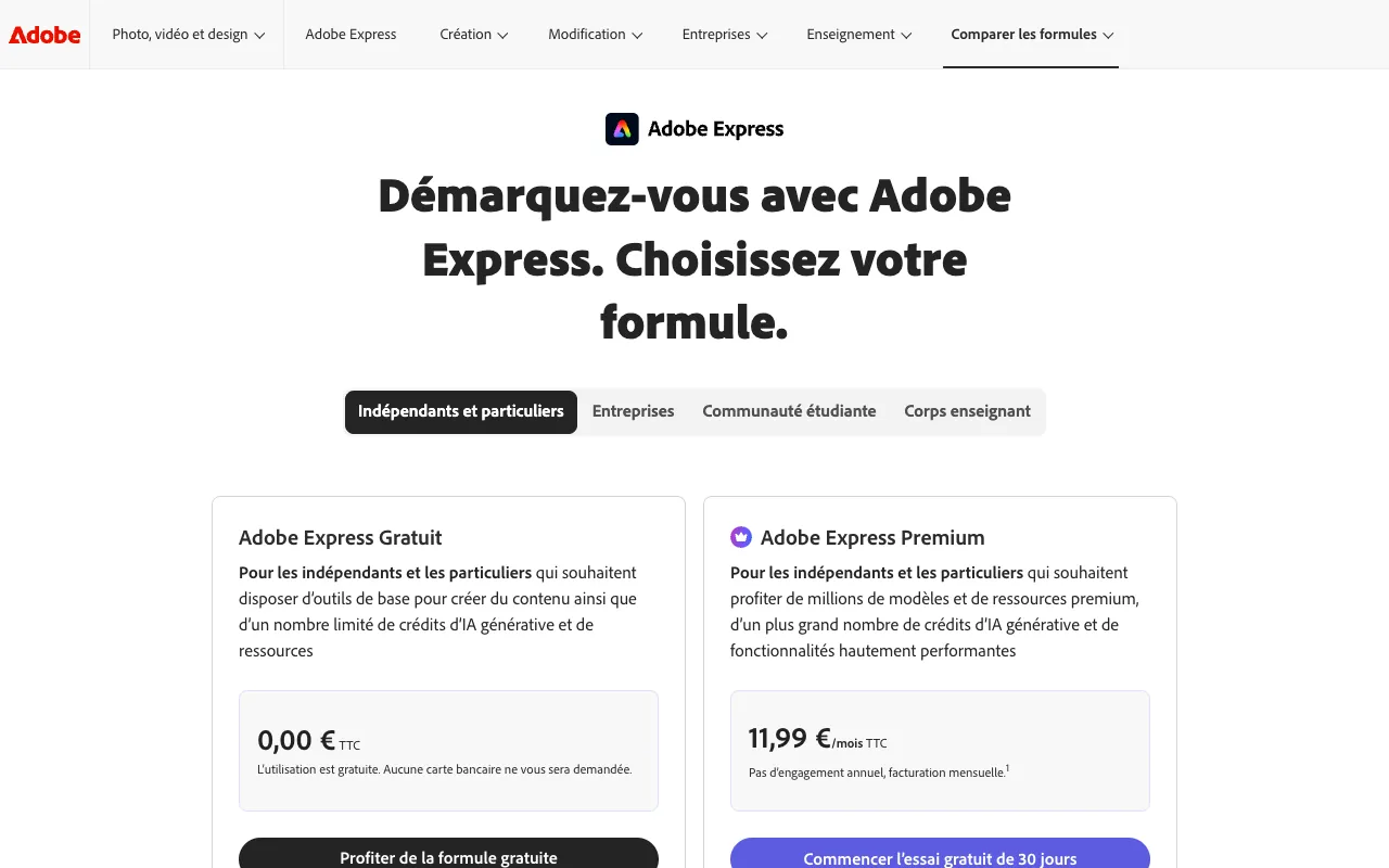 Page de l’offre sur le site d’Adobe Express