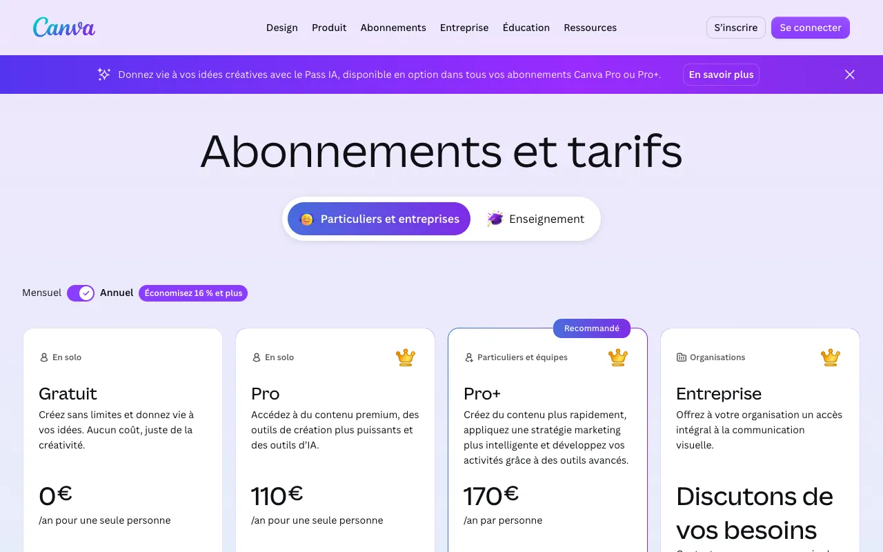 Page de l’offre sur le site de Canva