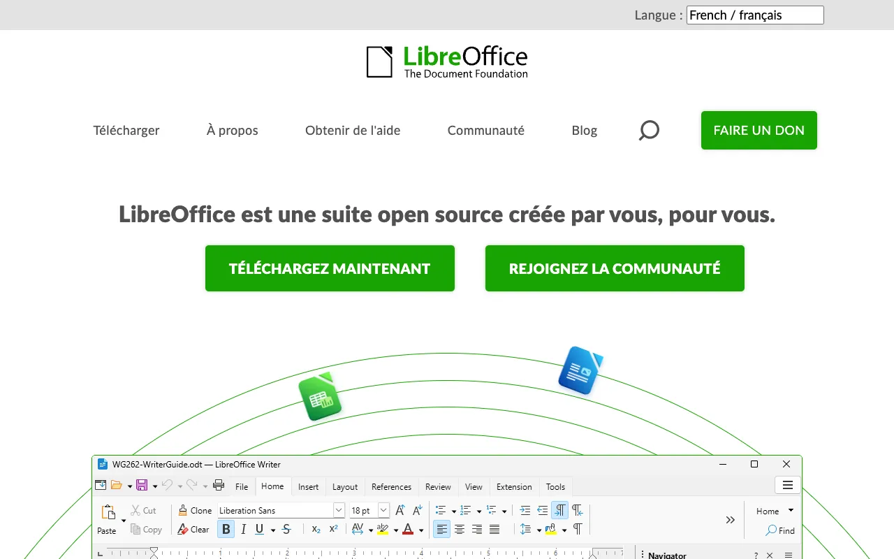 Page d’accueil du site de LibreOffice Writer