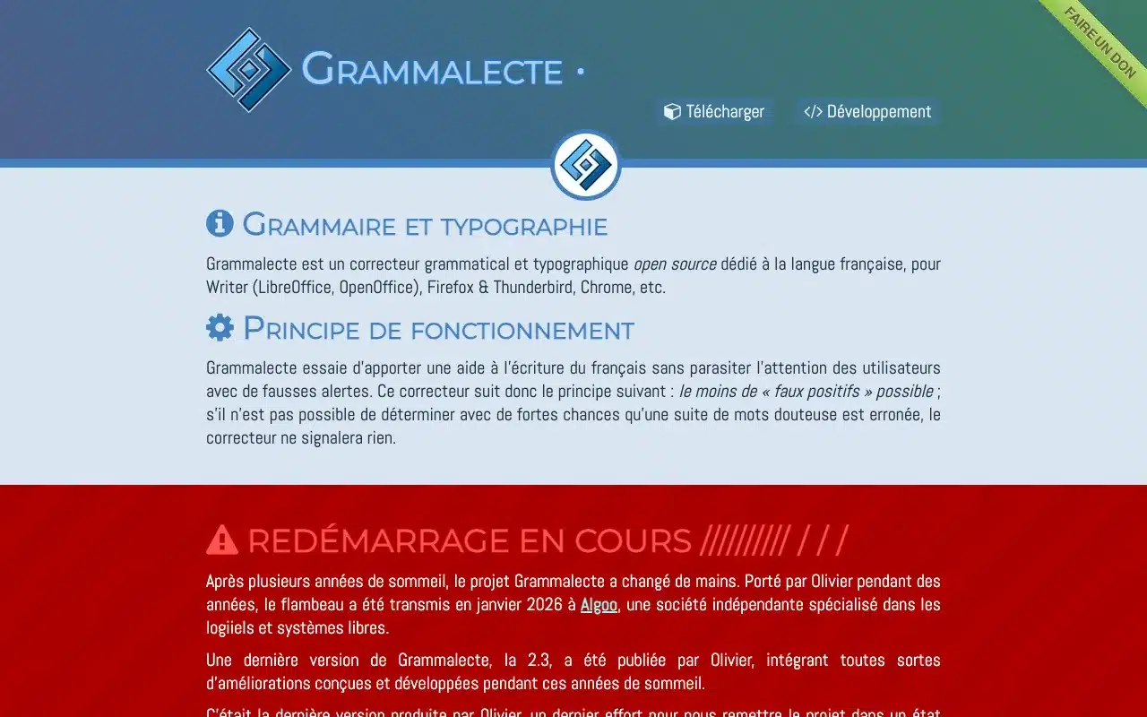 Page d’accueil du site de Grammalecte