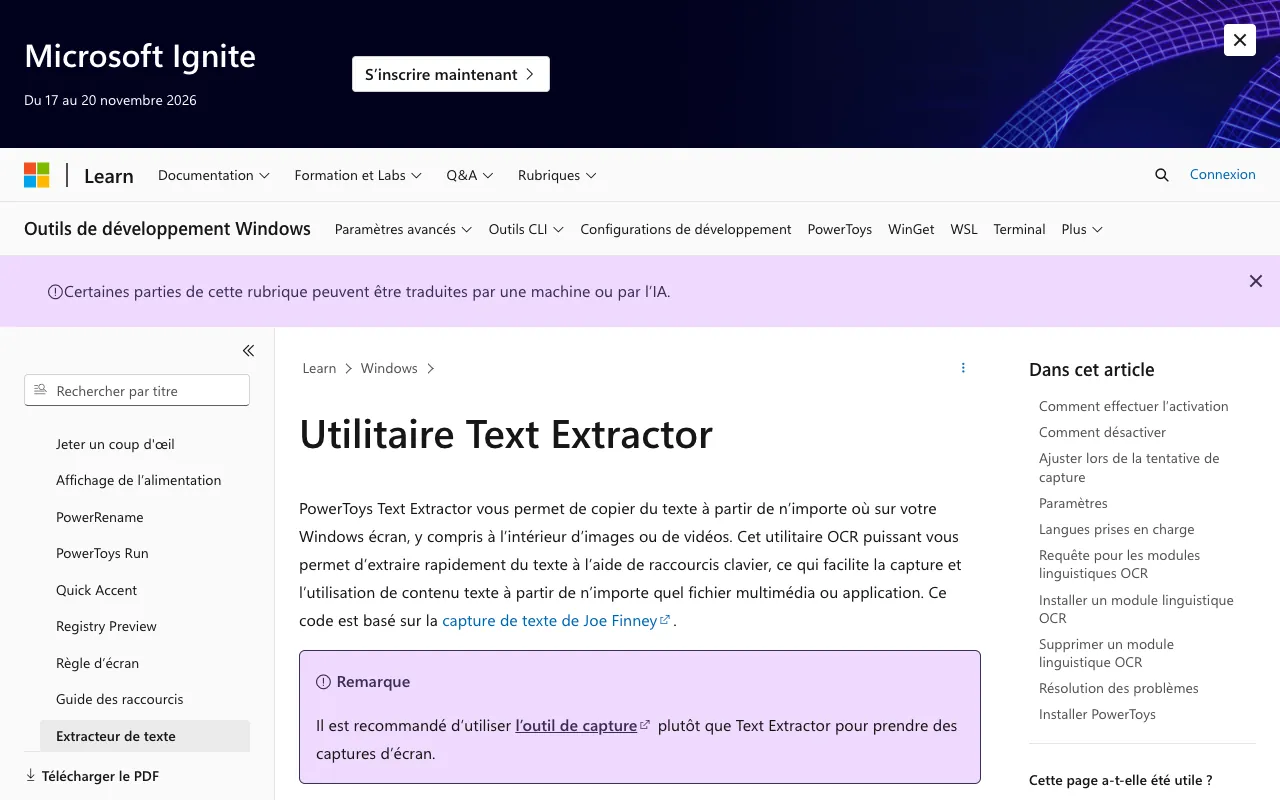 Page de l’offre sur le site de Microsoft PowerToys Text Extractor