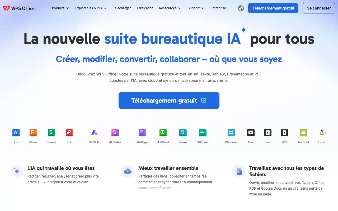 Page d’accueil du site de WPS Office Writer