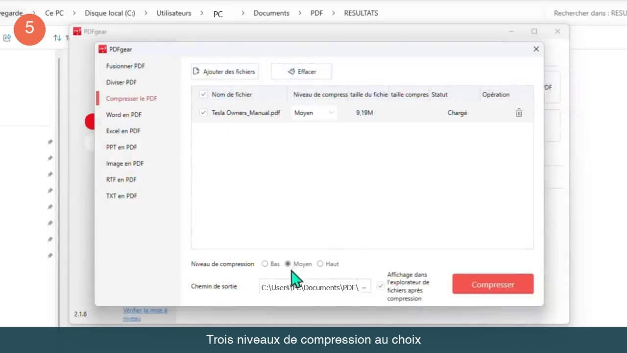 Fenetre de compression de PDF avec le fichier charge et les trois niveaux bas, moyen et haut