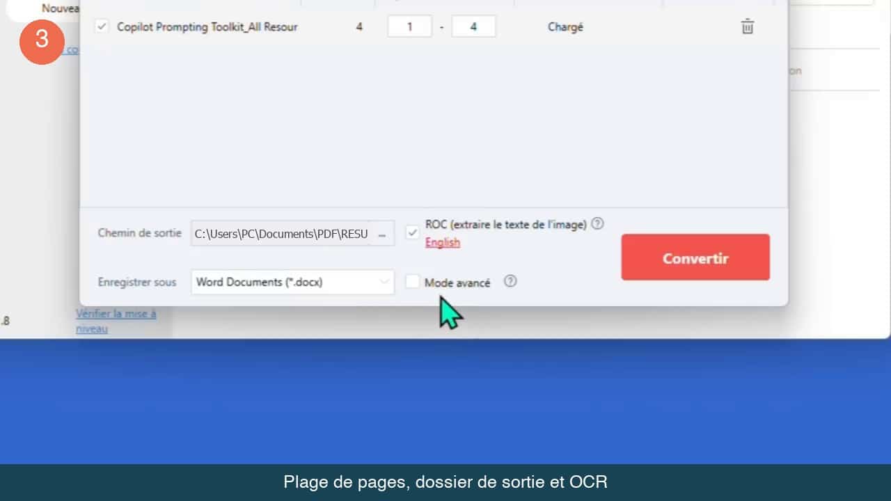 Fenetre de conversion PDF vers Word avec la plage de pages, le chemin de sortie, la case ROC et le mode avance