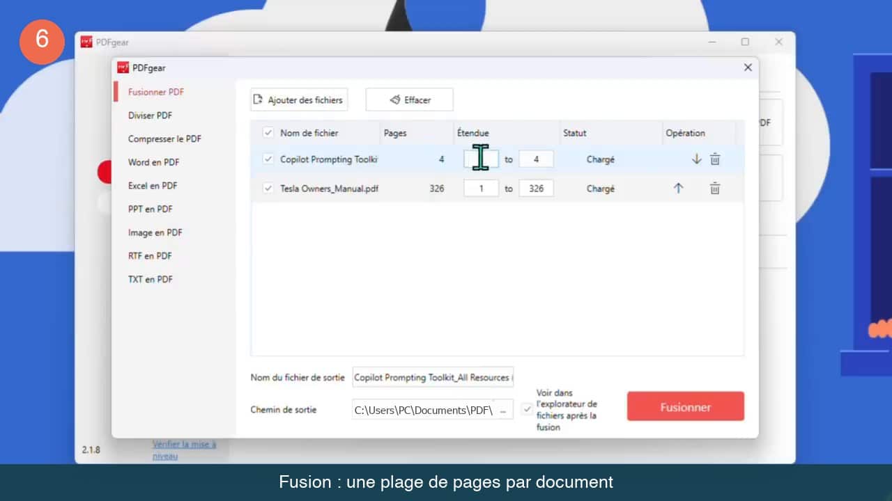 Fenetre de fusion de PDF avec deux fichiers charges et une plage de pages reglable pour chacun