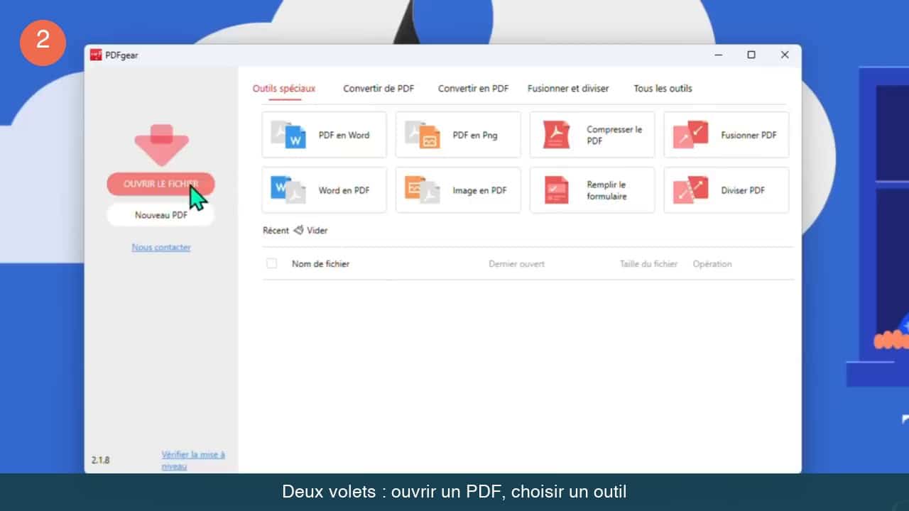 Fenetre d'accueil de PDFgear avec le volet gauche d'ouverture de fichier et les huit outils du volet droit