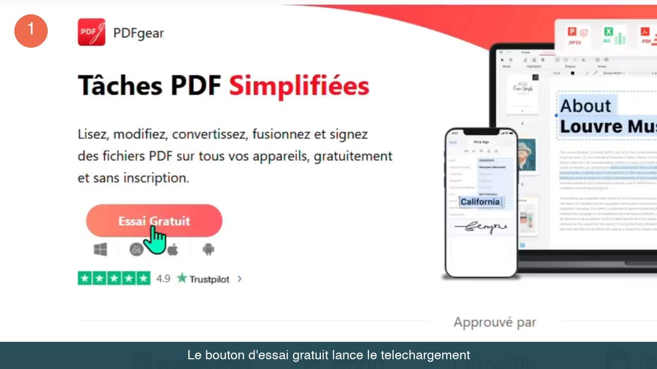 Page d'accueil du site de PDFgear avec le bouton d'essai gratuit et les logos des systemes supportes