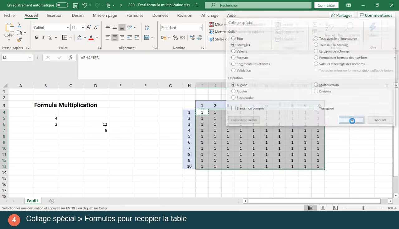Boîte de dialogue Collage spécial d Excel avec l option Formules sélectionnée