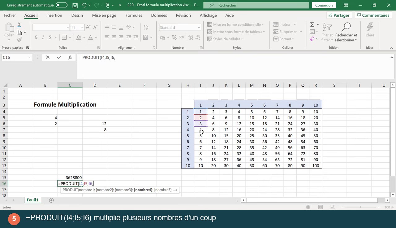 Saisie de la formule =PRODUIT(I4;I5;I6) dans Excel avec l infobulle de syntaxe de la fonction