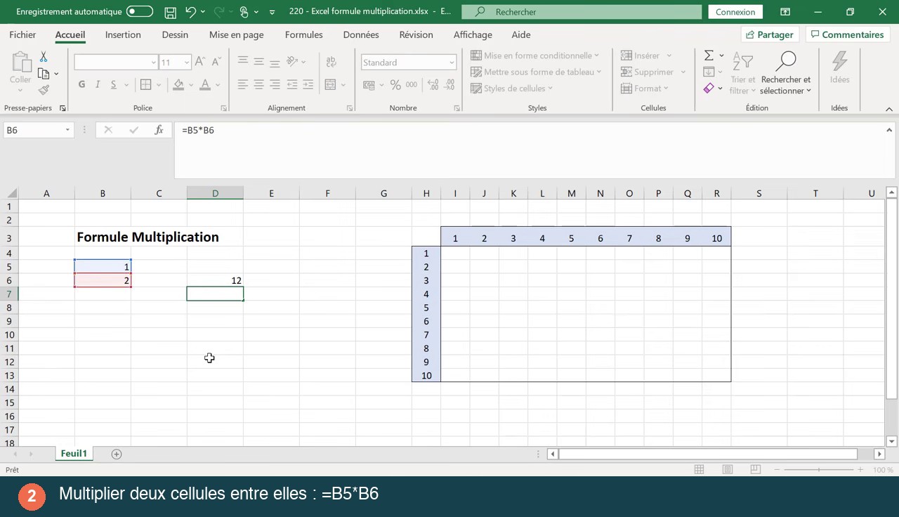 Barre de formule Excel affichant =B5*B6 avec les cellules B5 et B6 encadrées en bleu et rouge